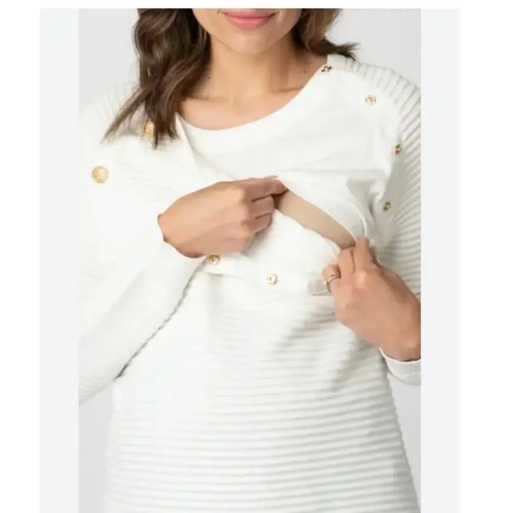 Seraphine Maternity Nursing Sweater XS Ivory Ribbed Gold Button Shoulder Cotton